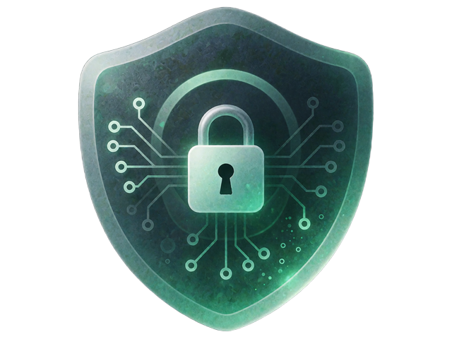Emerald shield with a padlock and circuit traces, representing privacy and discretion for online dating in this elvori review
