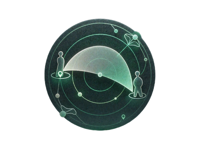 Glowing radar with two location pins linking two people, showing quick local matching on a dating site in the elvori review