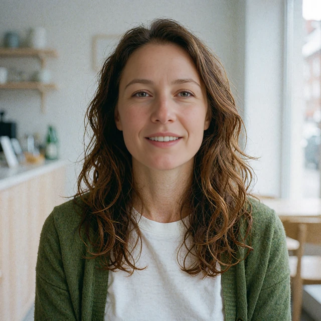 Woman in her early thirties with wavy brown hair in a cafe, picturing re-entering online dating in this elvori review