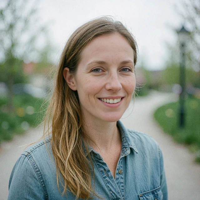 Freckled woman in her late twenties in a denim shirt outdoors, picturing a hybrid worker meeting local singles, elvori review